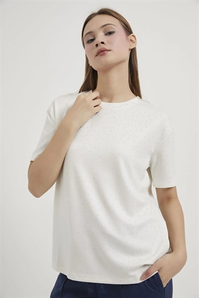 Bisiklet Yaka Serpme Taşlı Modal Tshirt