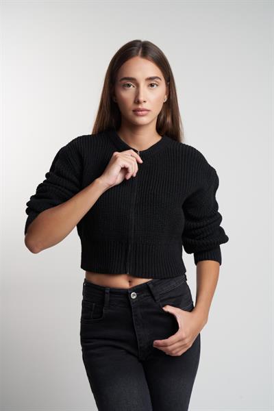 Bisiklet Yaka Triko Fermuarlı Crop Hırka