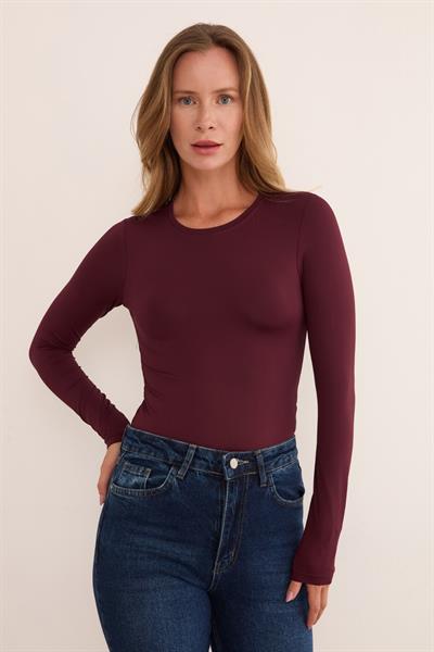 Bisiklet Yaka Uzun Kol Çıtçıtlı Body