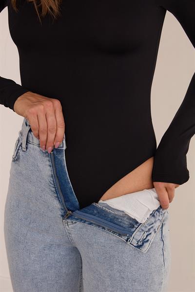 Bisiklet Yaka Uzun Kol Çıtçıtlı Body
