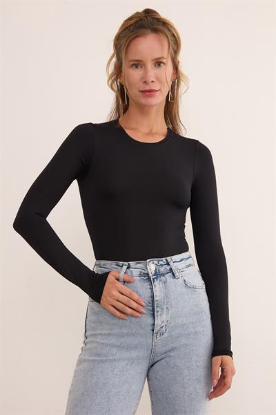 Bisiklet Yaka Uzun Kol Çıtçıtlı Body