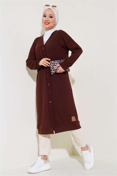 Boydan Düğmeli Fitilli Uzun Hırka