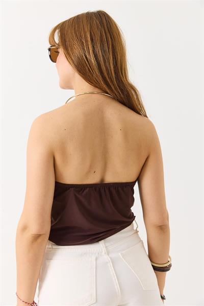 Boyundan Aksesuarlı Sandy Kumaş Degaje Yaka Bluz