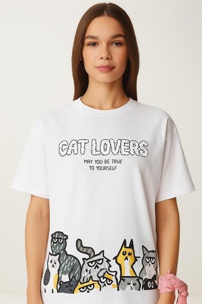 Cat Lovers Basklı Tshirt