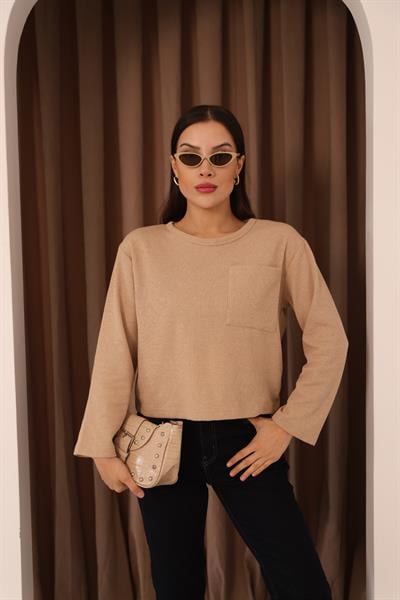 Cep Detalı Uzun Kol Crop Bluz