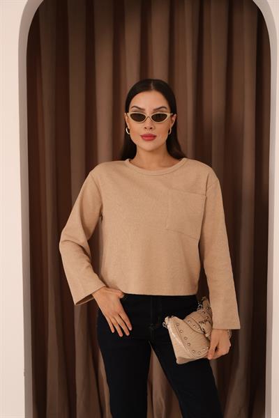 Cep Detalı Uzun Kol Crop Bluz