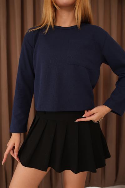 Cep Detalı Uzun Kol Crop Bluz