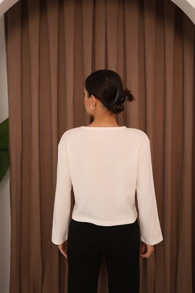 Cep Detalı Uzun Kol Crop Bluz