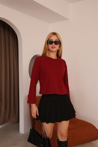 Cep Detalı Uzun Kol Crop Bluz