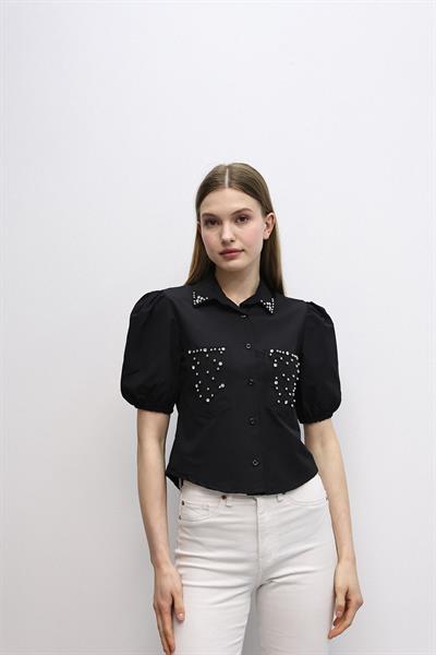 Cep ve Yaka Taşlı Balon Kol Gömlek