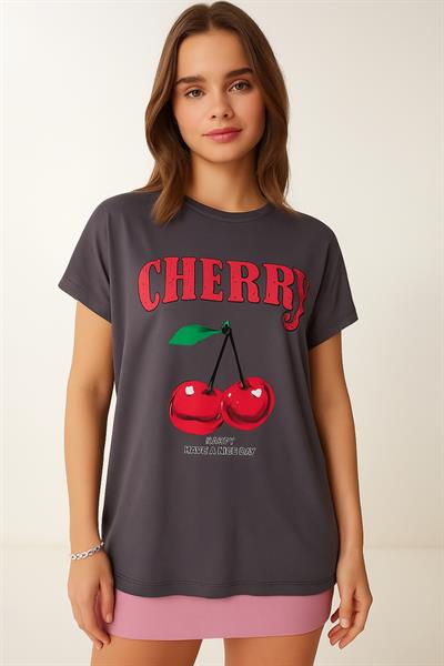 Cherry Baskılı Oversize Tshirt