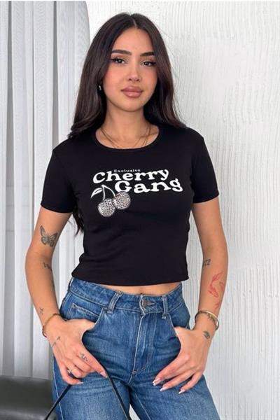 Cherry Gang Baskılı Crop Tshirt