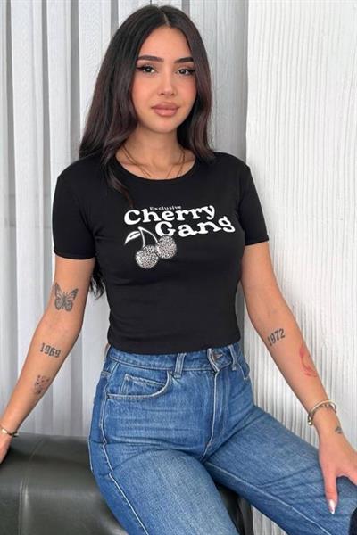 Cherry Gang Baskılı Crop Tshirt