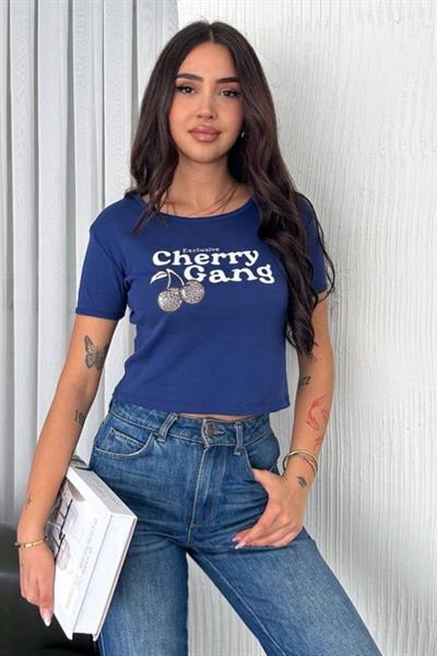 Cherry Gang Baskılı Crop Tshirt