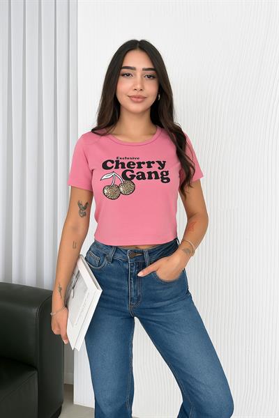 Cherry Gang Baskılı Crop Tshirt
