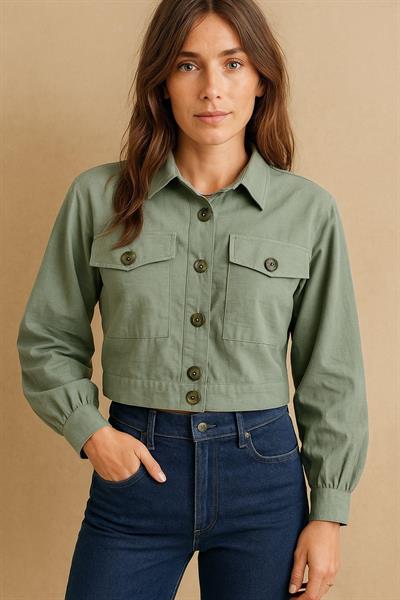 Çift Cepli Crop Gömlek