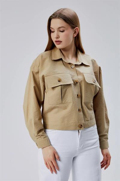 Çift Cepli Crop Gömlek