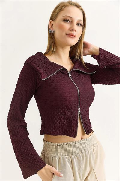 Çift Fermuarlı Madonna Yaka Bürümcük Bluz