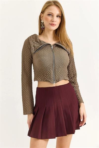 Çift Fermuarlı Madonna Yaka Bürümcük Bluz