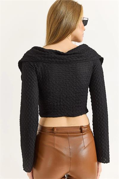 Çift Fermuarlı Madonna Yaka Bürümcük Bluz