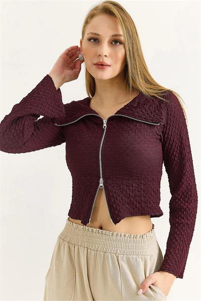 Çift Fermuarlı Madonna Yaka Bürümcük Bluz