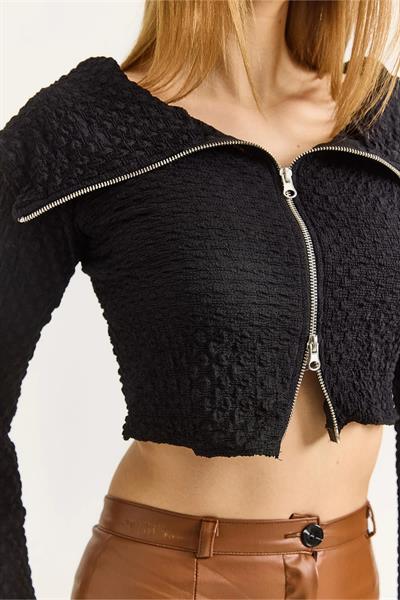 Çift Fermuarlı Madonna Yaka Bürümcük Bluz