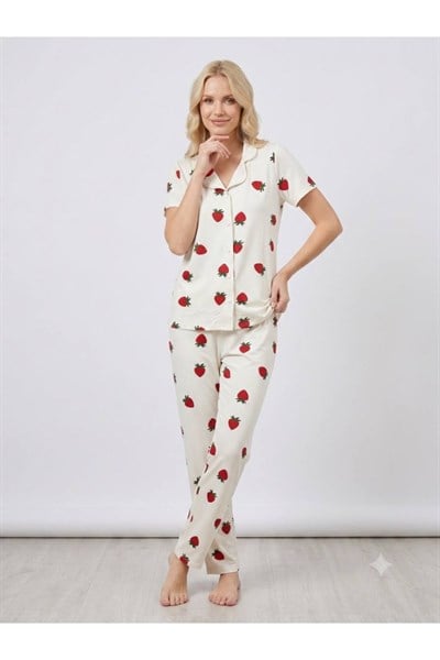 Çilek Desen Düğmeli Kısa Kol Pijama Takımı