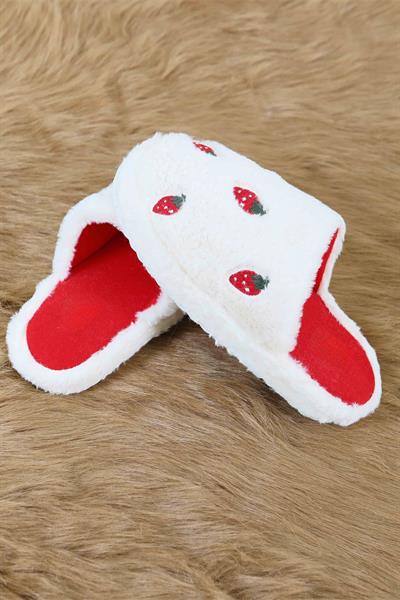 Çilek İşlemeli Peluş Ev Terliği