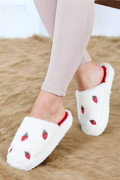 Çilek İşlemeli Peluş Ev Terliği