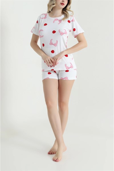 Çilek ve Kurdele Desen Şortlu Pijama Takımı