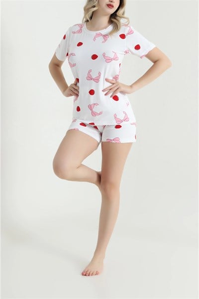 Çilek ve Kurdele Desen Şortlu Pijama Takımı
