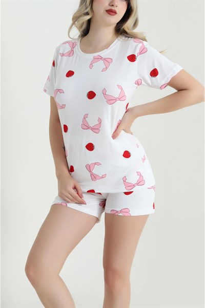 Çilek ve Kurdele Desen Şortlu Pijama Takımı