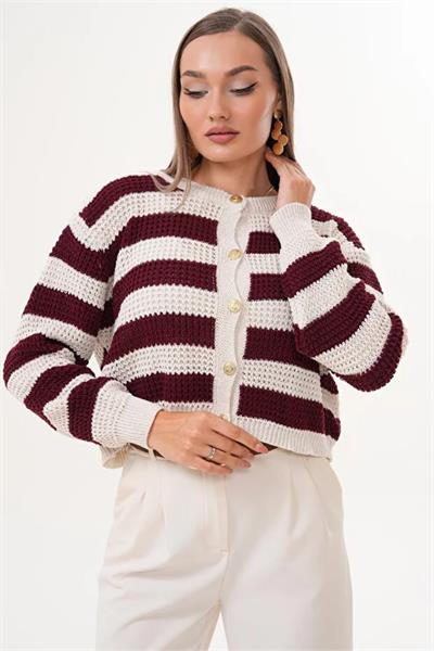 Çizgi Desenli Düğme Kapamalı Triko Örme Hırka