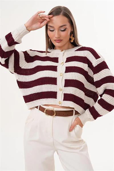 Çizgi Desenli Düğme Kapamalı Triko Örme Hırka
