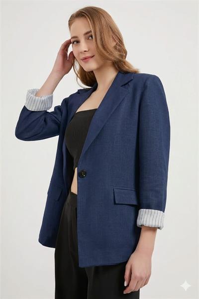 Çizgili Astarlı Cep Kapaklı Dokulu Ceket