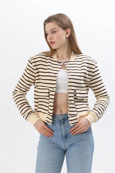 Çizgili Çıt Çıtlı Düğmeli Hırka