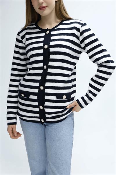 Çizgili Düğmeli Triko Hırka