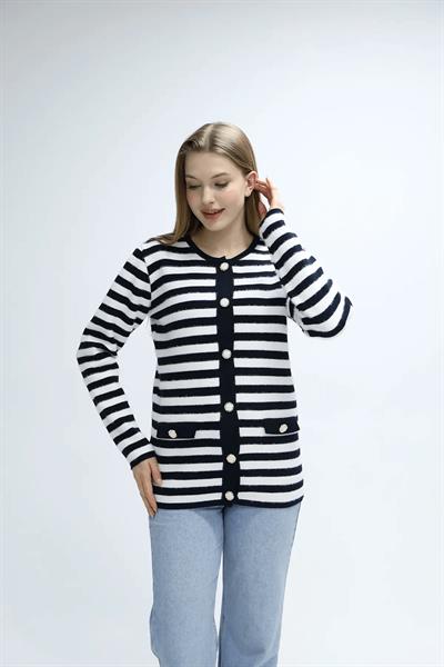 Çizgili Düğmeli Triko Hırka