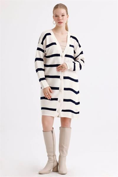 Çizgili Fitilli Düğmeli Uzun Triko Hırka