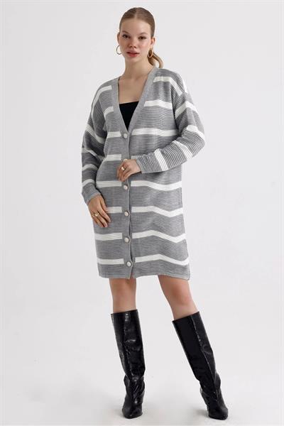 Çizgili Fitilli Düğmeli Uzun Triko Hırka