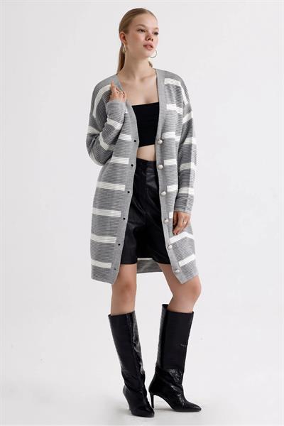 Çizgili Fitilli Düğmeli Uzun Triko Hırka