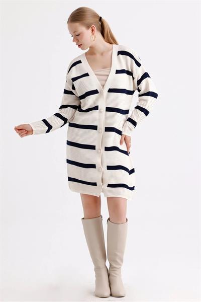 Çizgili Fitilli Düğmeli Uzun Triko Hırka