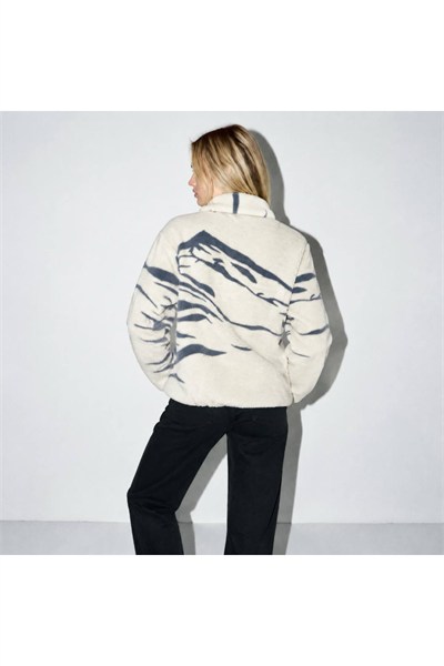 Desenli Dik Yaka Yarım Fermuarlı Cepli Polar Sweatshirt