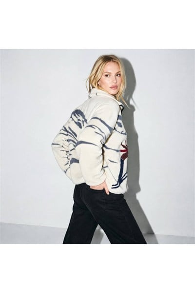 Desenli Dik Yaka Yarım Fermuarlı Cepli Polar Sweatshirt