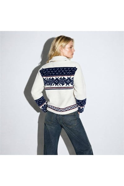 Desenli Dik Yaka Yarım Fermuarlı Cepli Polar Sweatshirt