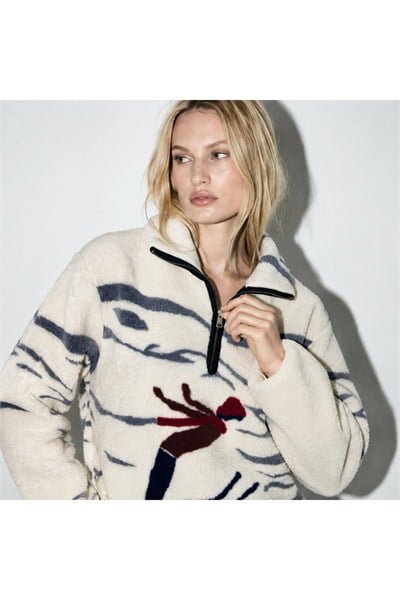 Desenli Dik Yaka Yarım Fermuarlı Cepli Polar Sweatshirt