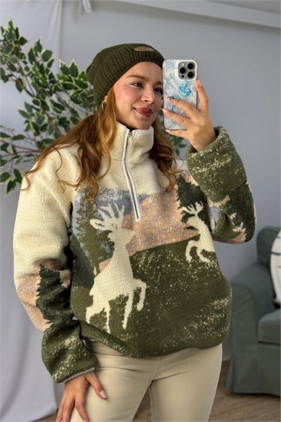 Desenli Dik Yaka Yarım Fermuarlı Polar Swearshirt