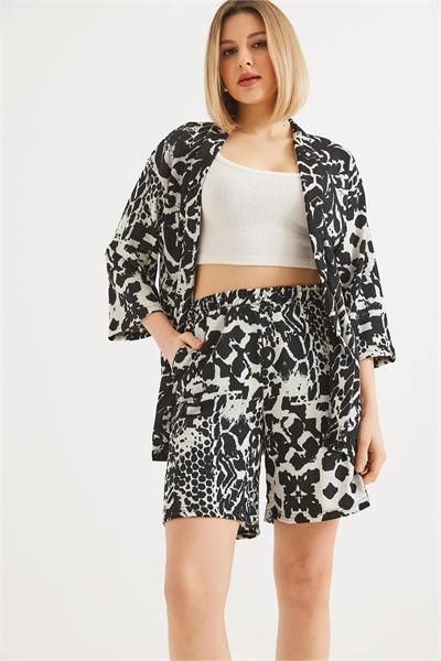 Desenli Şortlu Kimono Takım