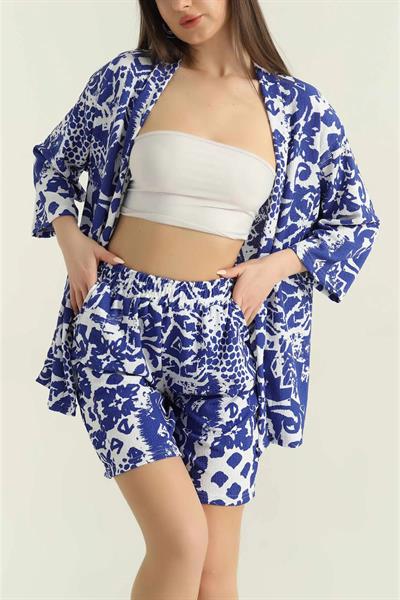 Desenli Şortlu Kimono Takım