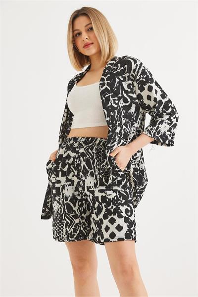 Desenli Şortlu Kimono Takım